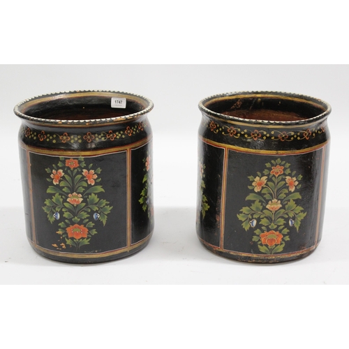 1747 - Pair of painted dug out waste paper tubs, having floral decoration probably Kashmiri, 28cm diameter ... 