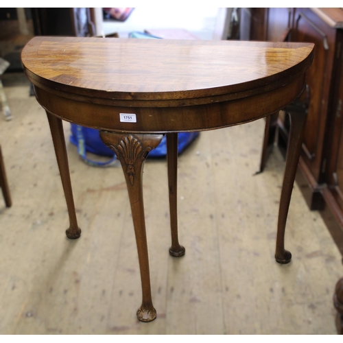 1751 - Mid 20th Century half round mahogany fold-over card table, on shell carved cabriole pad supports, 80... 