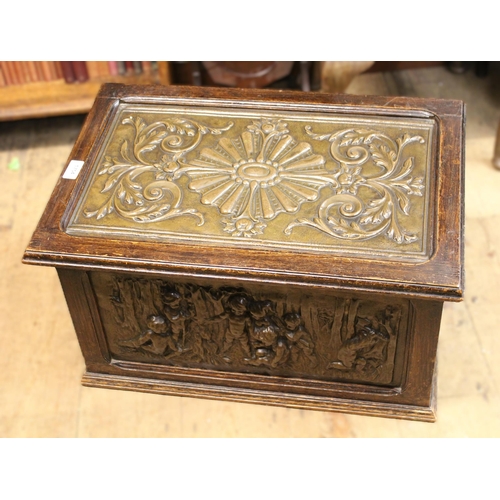 1754 - 19th Century carved oak and embossed metal coal purdonium with hinged cover, 60cm wide x 39cm deep x... 