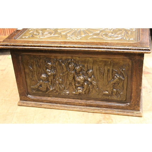 1754 - 19th Century carved oak and embossed metal coal purdonium with hinged cover, 60cm wide x 39cm deep x... 