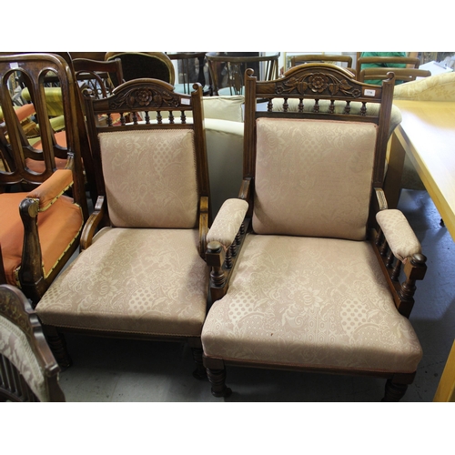 1756 - Pair of Edwardian ladies and gentleman's drawing room chairs, on turned tapering supports with brass... 