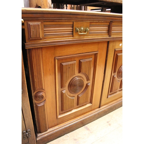 1757 - 19th Century aesthetic movement mahogany sideboard, having two short moulded drawers with brass swan... 