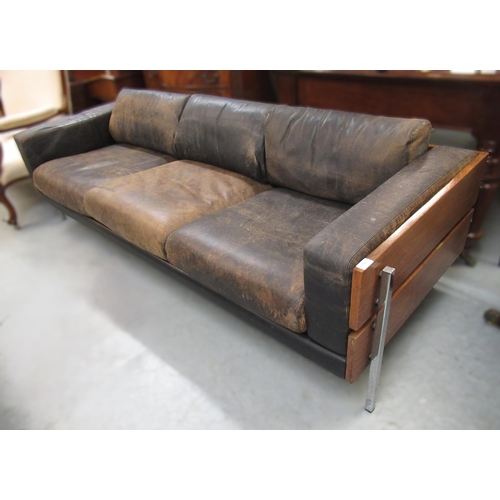 1767 - Robin Day for Hille circa 1970, exotic hardwood and chrome, leather upholstered three seat Forum sof... 