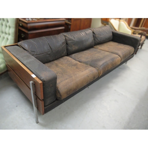 1768 - Robin Day for Hille circa 1970, exotic hardwood and chrome, leather upholstered three seat Forum sof... 