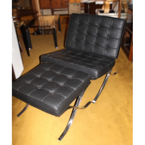 1770 - Reproduction Barcelona buttoned leather upholstered and chrome chair and stool