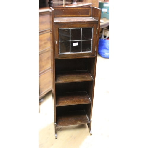 1772 - Edwardian mahogany line inlaid narrow bookcase with a leaded glass door above three open shelves, 36... 