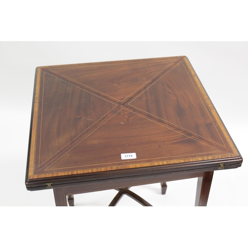 1774 - Edwardian crossbanded and line inlaid envelope card table, on square tapering splayed supports with ... 