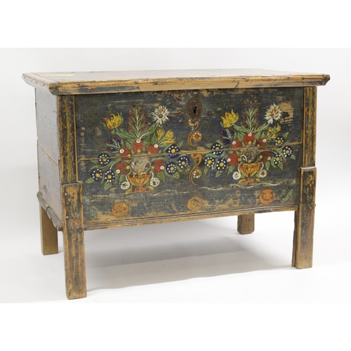 1784 - 19th Century Continental painted pine trunk, the hinged plank lid above stile supports, 97cm wide