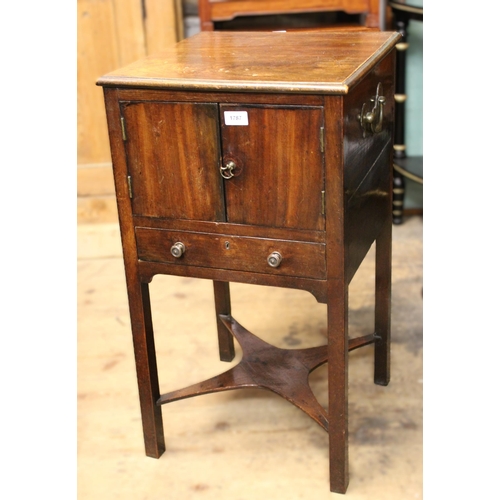 1787 - Small 19th Century mahogany two door bedside cabinet with brass side carrying handles and a single d... 