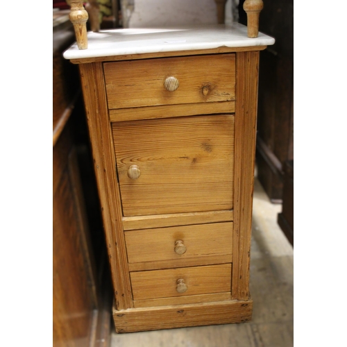 1790 - Continental pitch pine bedside cabinet with marble inset top, 37cm wide, together with another simil... 