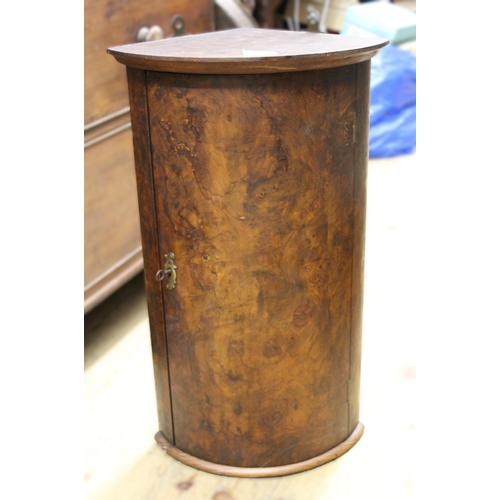 1791 - Small burr walnut bow front hanging corner cabinet, 60cm high, together with three large brass mount... 