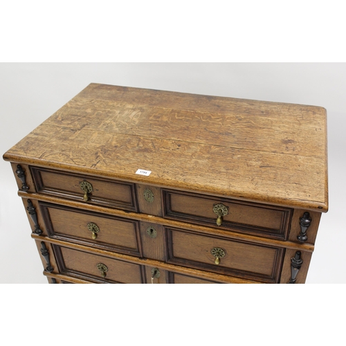 1794 - Small late 17th / early 18th Century oak moulded front chest, the plank top above four graduated dra... 