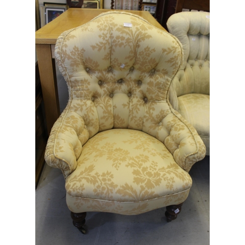 1798 - 19th Century button floral upholstered low seat nursing chair on turned front supports, together wit... 