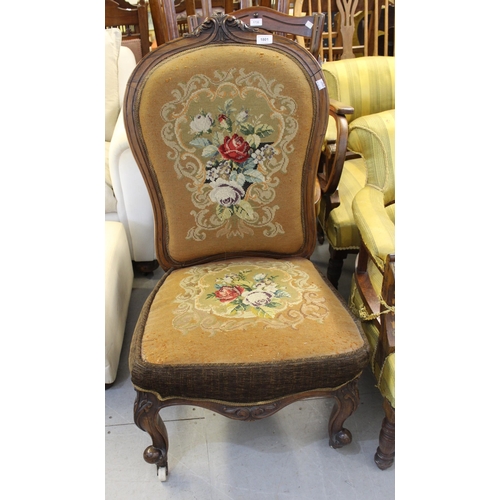 1801 - Victorian rosewood nursing chair with needlepoint floral upholstery on cabriole front supports