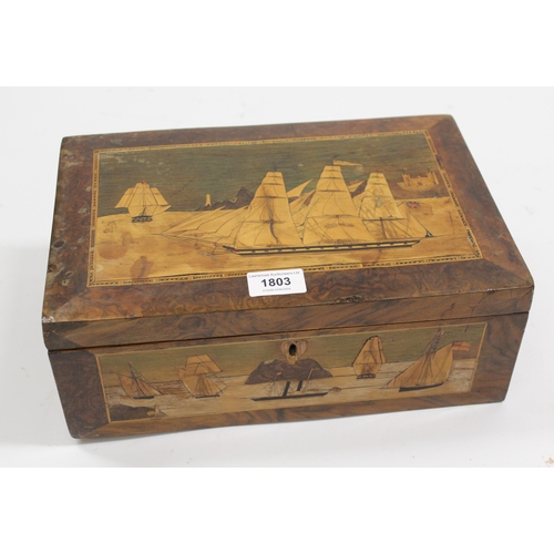 1803 - 19th Century walnut work / jewellery box, the hinged cover and sides inlaid with parquetry maritime ... 