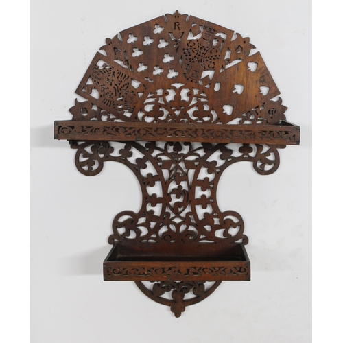 1805 - Mahogany fretwork two shelf wall bracket, decorated with playing cards, 45cm high