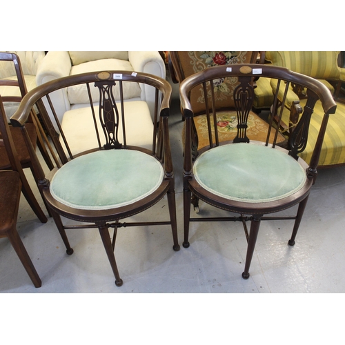 1806 - Two Edwardian mahogany line inlaid oval corner chairs, having green upholstered seats on turned supp... 