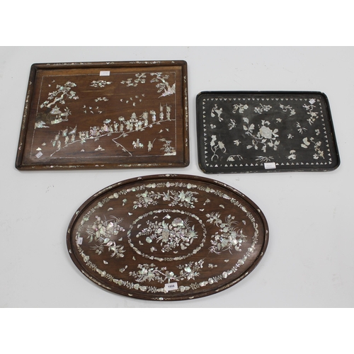 1808 - Chinese exotic hardwood oval mother of pearl inlaid tray decorated with birds, butterflies and flowe... 