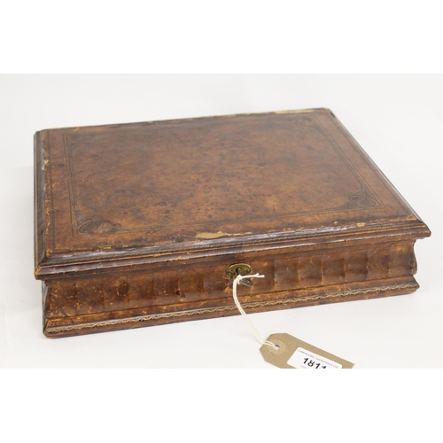 1811 - 19th Century brown leather embossed dressing table manicure box with hinged cover fitted with a mirr... 