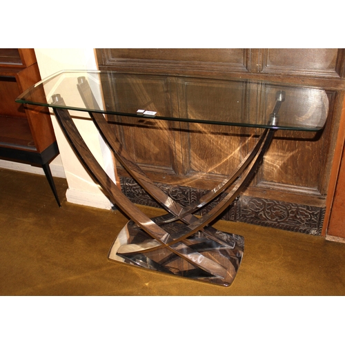 1829 - Modern plate glass and chrome hall table on crossover base, 110cm wide