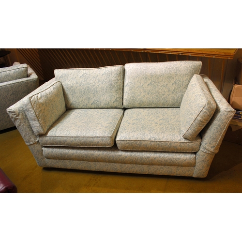 1833 - Pair of modern two seat sofas upholstered in a pale blue / silver grey floral fabric, together with ... 