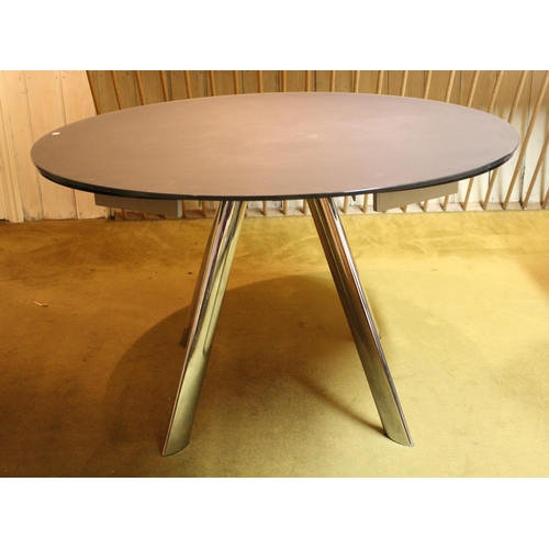 1834A - Modern circular black glass and chrome dining table, 120cm diameter, together with a set of six velo... 