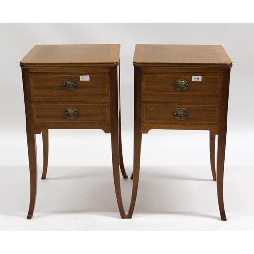 1835 - Pair of reproduction mahogany and line inlaid two drawer bedside tables on splayed supports