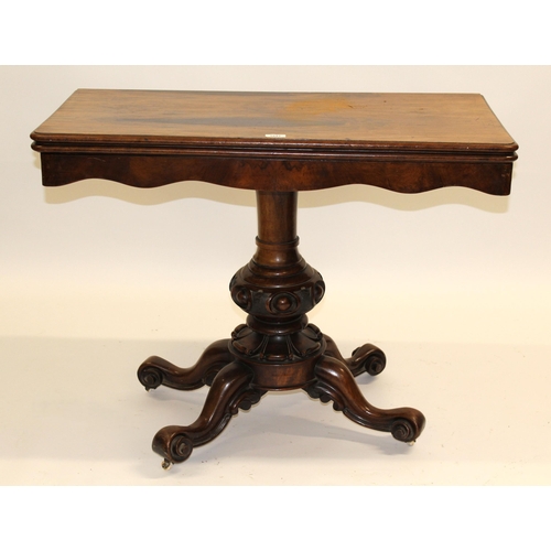 1843 - Victorian figured walnut rectangular card table on carved and turned column and scrolled quadruped b... 