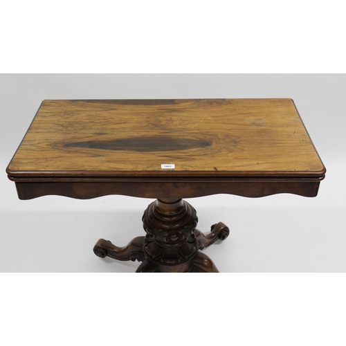 1843 - Victorian figured walnut rectangular card table on carved and turned column and scrolled quadruped b... 