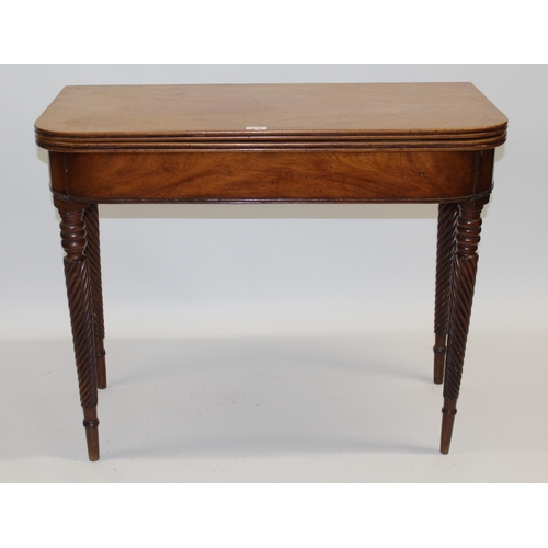 1844 - Late Georgian rectangular mahogany fold-over tea table, on turned spiral twist tapering supports