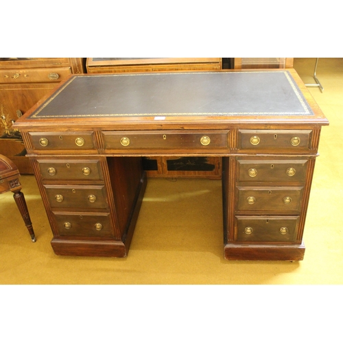 1846 - Edwardian mahogany twin pedestal desk, the leather inset top above nine drawers with brass ring hand... 