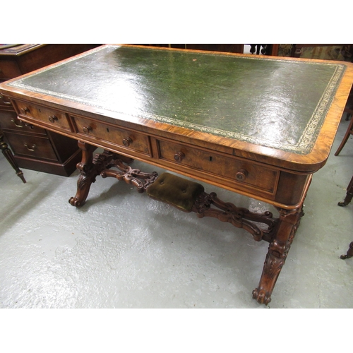 1847 - Victorian figured walnut writing table, the green leather inset top above three frieze drawers oppos... 