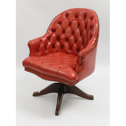 1849 - Red button leather upholstered tub shaped revolving office chair