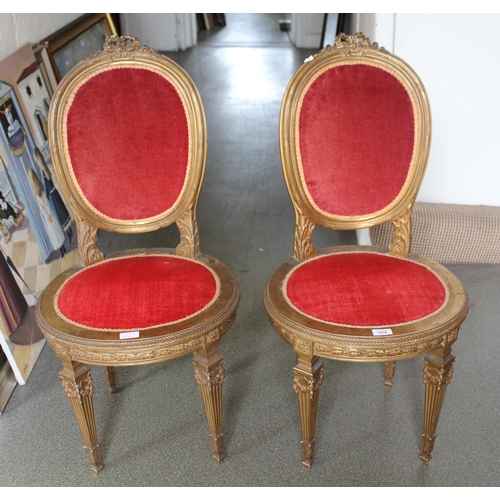 1856 - Pair of French gilt wood salon chairs on square tapering supports, with red velvet upholstered backs... 