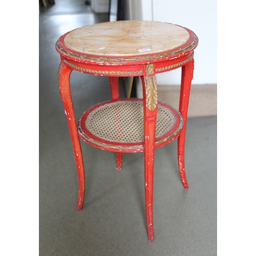 1857 - French red painted and gilded circular marble inset two tier occasional table