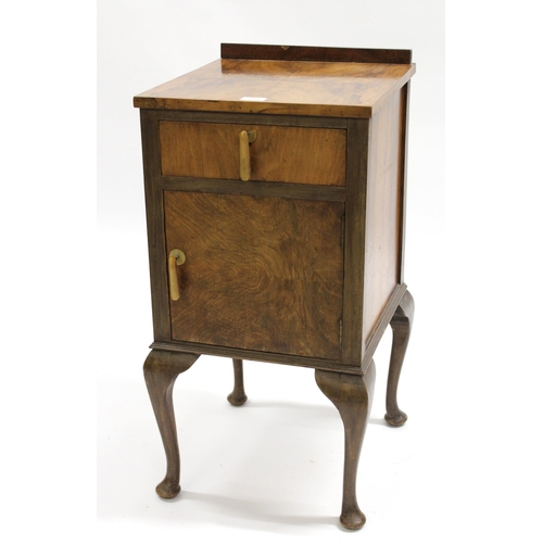 1859 - 1930's walnut bedside cabinet with a single drawer above a panelled door on cabriole supports