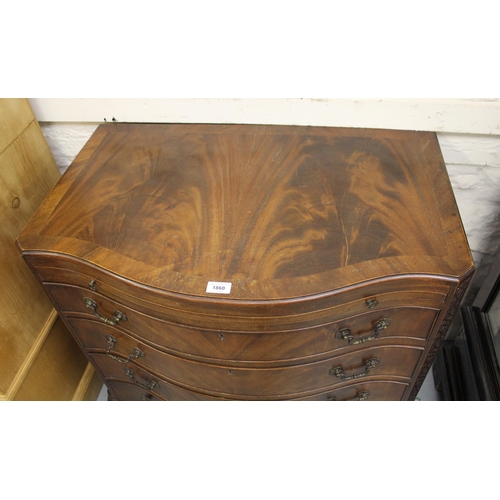 1860 - Good quality reproduction mahogany serpentine fronted dwarf chest, with brushing slide above four dr... 