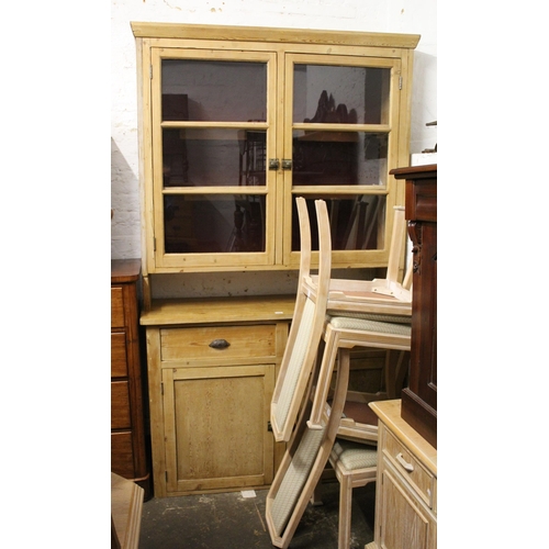 1866 - 19th Century stripped polished pine dresser with a moulded cornice above two glazed doors, the base ... 