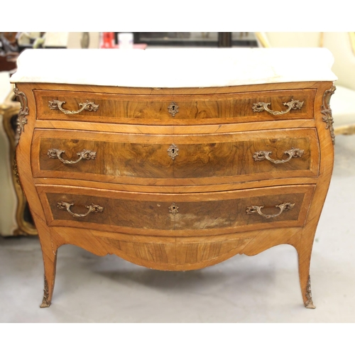 1870 - French kingwood and walnut ormulu mounted bombe shaped commode on cabriole supports (the marble top ... 