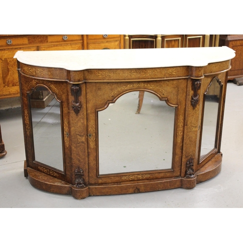 1871 - Victorian walnut marquetry inlaid credenza, the white flecked marble top above three mirrored doors ... 