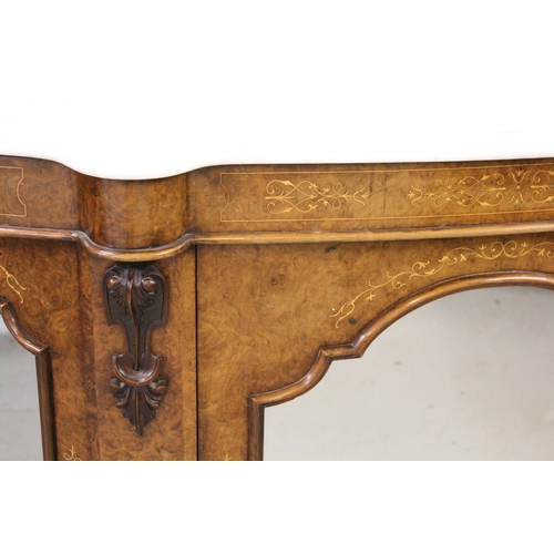 1871 - Victorian walnut marquetry inlaid credenza, the white flecked marble top above three mirrored doors ... 