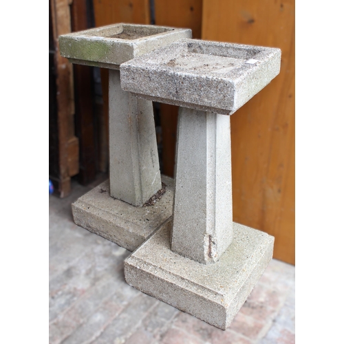 1882 - Pair of cast concrete Art Deco style square form pedestal bird baths (at fault)