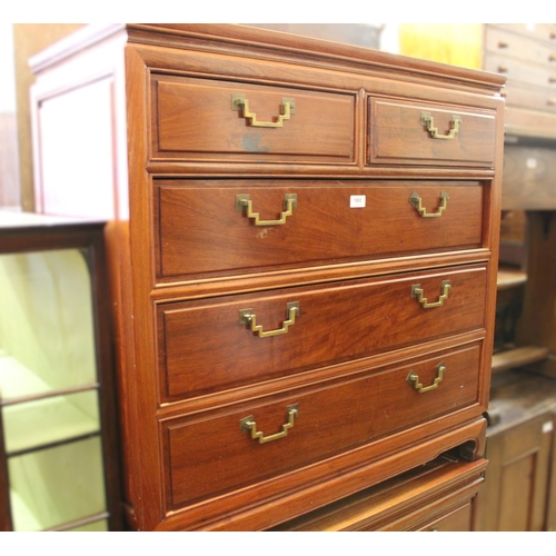 1883 - Pair of Chinese exotic hardwood chests, of two short over three long drawers with brass swan neck ha... 