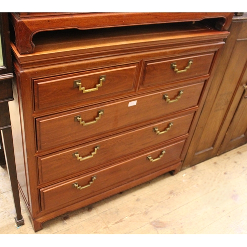 1883 - Pair of Chinese exotic hardwood chests, of two short over three long drawers with brass swan neck ha... 