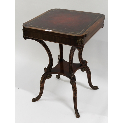 1884 - Leather inset square mahogany two tier occasional table, on splayed supports, together with a reprod... 