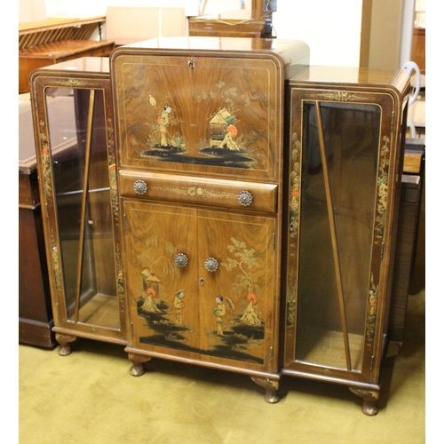 1886 - Walnut Odeon style display cabinet with raised chinoiserie decoration, the fall front over two cupbo... 