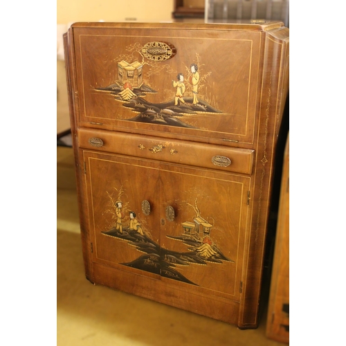 1887 - Walnut Odeon style cocktail cabinet, the cantilevered opening top revealing a mirrored glass interio... 