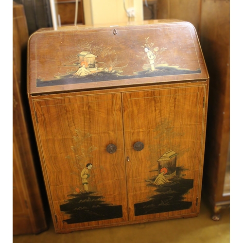 1888 - Walnut Odeon style bureau with raised chinoiserie decoration, the fall front with fitted interior an... 