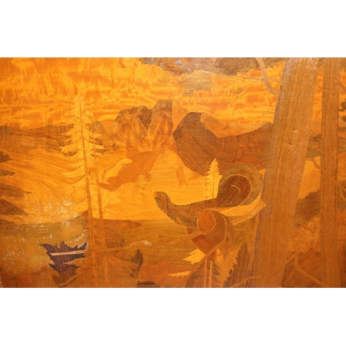 1889 - Large marquetry inlaid wooden panel depicting trees, mountain and a bird, 77 x 107.5cm