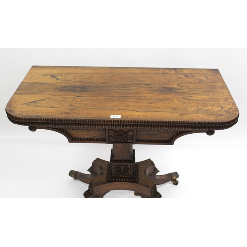 1896 - 19th Century rosewood card table, the hinged swivel top with baize lined interior and gadroon moulde... 